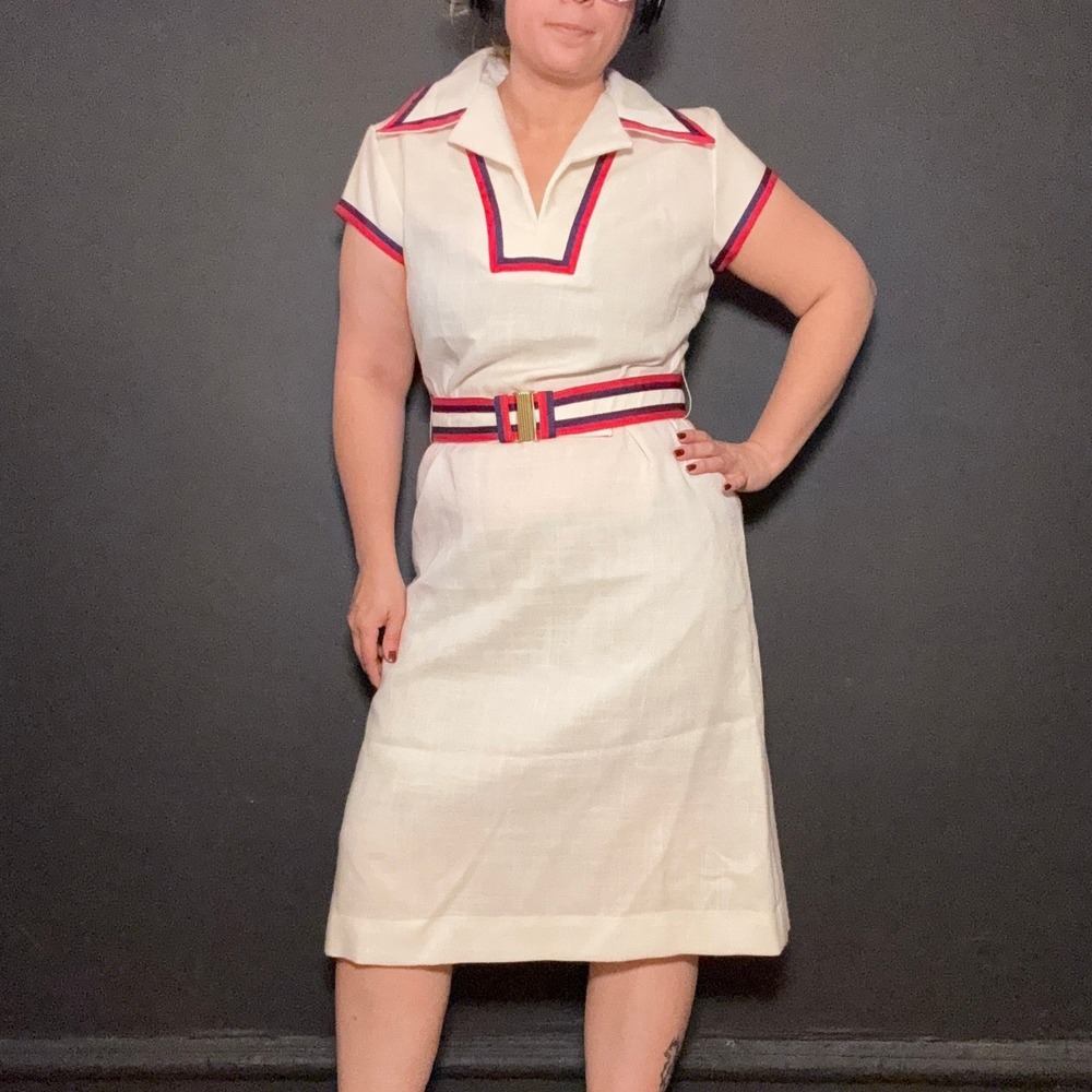Vtg 60s Sherbet Originals Linen White Nautical Dress Belted Sz 16 Tennis Sportif